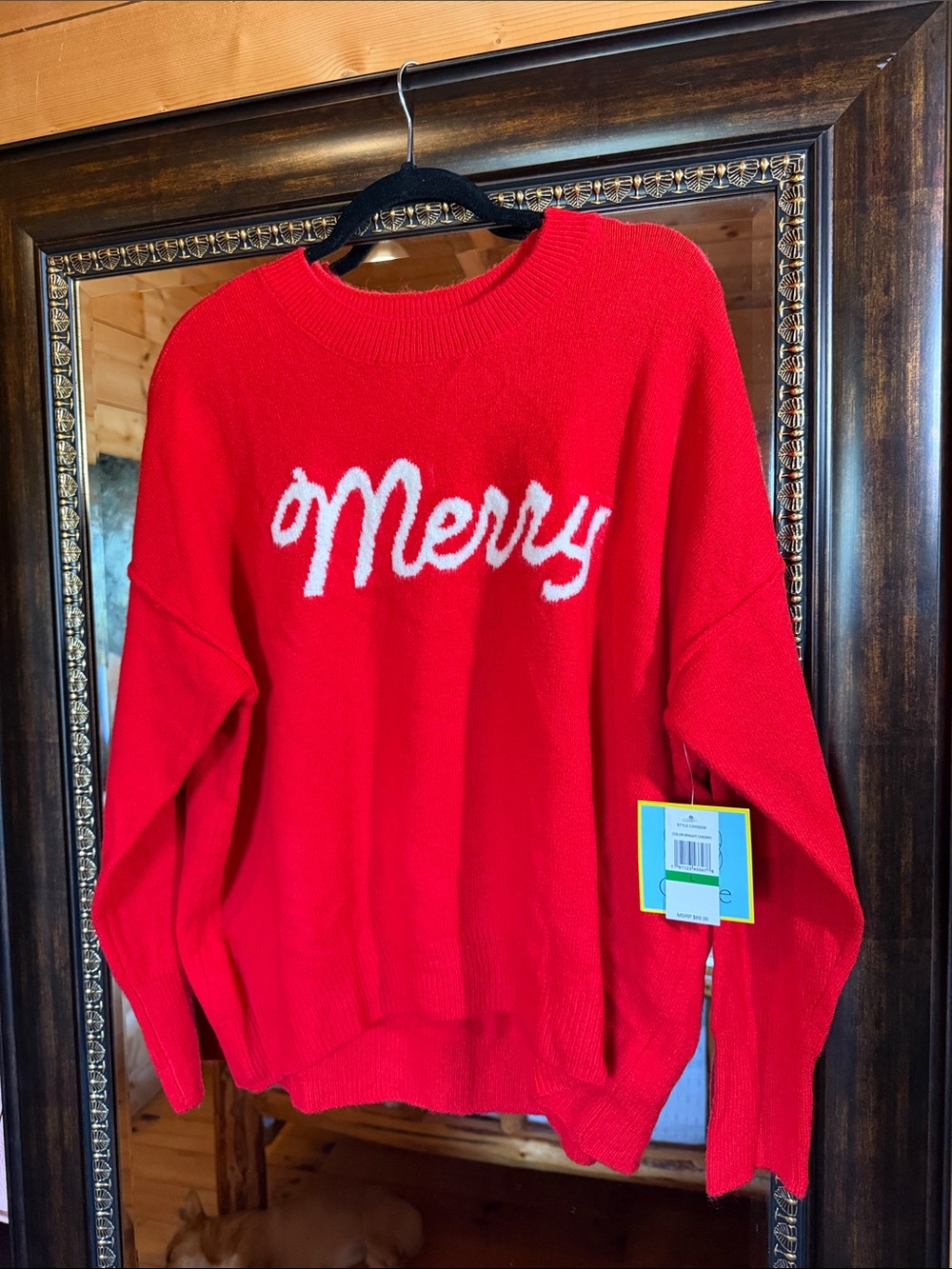 CeCe Holiday Red Crewneck Sweater with White 'Merry' Script